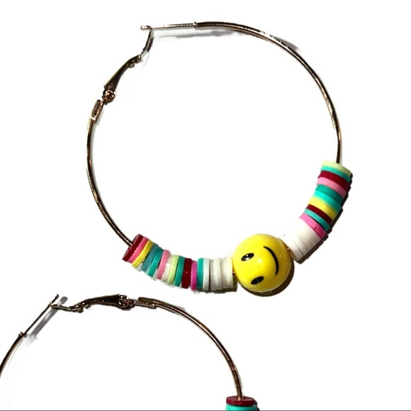 Oh Happy Day, Gold Hoop Smiley Face Colorful Beaded Earrings - Picture 10 of 11